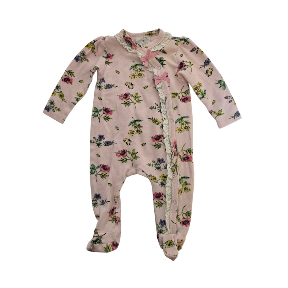 Laura Ashley Baby Girl Floral Footed Sleeper Pink Lace Bows 3-6 Months Cotton